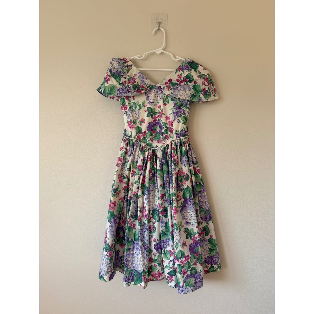 Vintage Handmade Girls Floral Party Dress Purple Pink Hydrangea Basque Waist